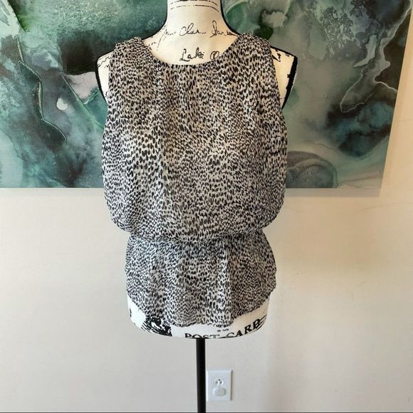 Ann Taylor Loft Black White Print Blouson Peplum Blouse Top sz MP Medium Petite - Picture 2 of 12
